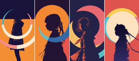 Four vertical panels showcase dark silhouettes against vibrant geometric backgrounds, each framed by crescent moons in pastel and bold tones, merging minimalism with striking color contrasts and form.のイラスト素材