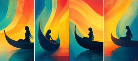 Gondola and woman silhouette on water background. Vector illustration.のイラスト素材