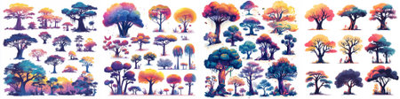 A vibrant assortment of painterly baobab and aurora-inspired trees in digital hues, blending purples, oranges and teals into canopy forms and evoking a dreamlike forest panorama.のイラスト素材