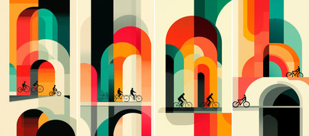 Abstract artwork with overlapping cream, orange, teal, and black arches, featuring silhouetted cyclists riding across minimalist arched bridges, blending motion and color.のイラスト素材
