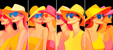 Beautiful girls in hats and sunglasses. Vector illustration in cartoon style.のイラスト素材