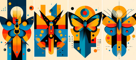 An abstract geometric butterfly emerges from a mosaic of vibrant blue, orange and red shapes and dotted accents, set on a cream background to evoke a playful modern flat-design aesthetic.のイラスト素材