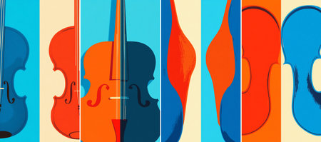 Six vertical stripes display stylized violin bodies in alternating blue, red and cream tones, emphasizing minimalist flat shading and rhythmic repetition for a graphic musical composition.のイラスト素材