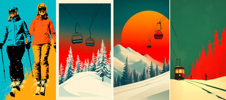 Five-panel layout alternates teal and orange backgrounds, showcasing pairs of stylized skiers...