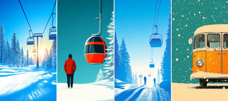 A vivid composition of four panels shows bright ski gondolas suspended over a snowâcovered pine forest, silhouetted skiers traversing groomed slopes beneath a crisp gradient sky.のイラスト素材