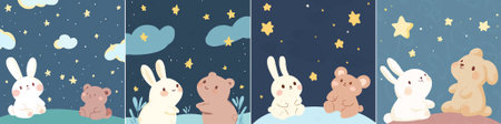 A charming flat-color scene of a bunny and a teddy bear sitting on a gentle hill beneath a star-filled night sky, evoking a sweet sense of companionship and wonder.のイラスト素材