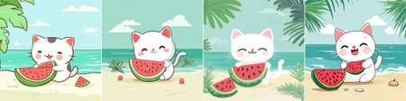 Happy white cats lounge on a sunlit beach clutching watermelon wedges by the turquoise sea, framed by palms and gentle waves for a breezy coastal delight.のイラスト素材