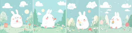 Cute Easter bunnies in the grass. Vector illustration.