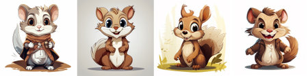 An adventurous anthropomorphic rodent wearing a hooded cloak and carrying a rolled scroll, illustrated in vector art with a bushy tail and dynamic pose, conveying playful heroic spirit.のイラスト素材