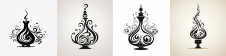 Four bold black-and-white vector silhouettes showcase an ornate vessel embellished with swirling filigree and decorative flourishes, crowned by elegant wisps of smoke that evoke a mysticalのイラスト素材