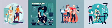 Vector illustrations depicting rehabilitation: patients on treadmills and walkers guided by therapists, with skeletal and sensor overlays emphasizing therapeutic movement.のイラスト素材