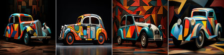 A set of four digital representations of a vintage compact car adorned with bold geometric color...
