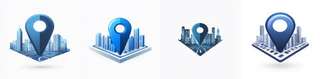 A shiny blue map pin icon stands upright on a city grid rendered in shades of blue and white, evoking digital navigation, wayfinding, and urban discovery on a clean white backdropのイラスト素材