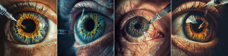 A hyper-realistic macro series of vibrant green-blue irises undergoing precise needle procedures, highlighting intricate blood vessels, glossy reflections,のイラスト素材