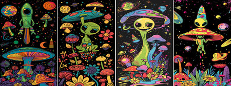 A psychedelic illustration showcases vibrant cartoon mushrooms and playful alien figures among...