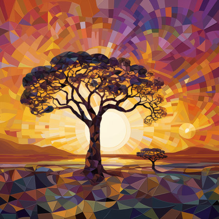 An angular cubist reinterpretation of a Serengeti sunrise with land and sky depicted as warm geometric fragments in orange, purple and gold, punctuated by stylized acacia trees and grazing silhouettesのイラスト素材