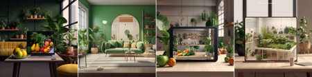 A modern green-themed website landing mockup shows a cozy apartment workspace and living room filled...