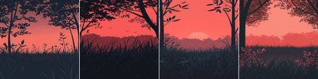 A four-part minimalist line-art landscape, presenting simplified tree outlines and a grassy foreground in bold dark red and black contrast, delivering a graphic and stylized nature scene with clean, modern design.のイラスト素材