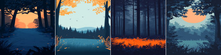 Sunset forest sequence in four panels, featuring glowing horizon light silhouetted trees, and vibrant orange highlights on grass and foliage against deep blue atmospheric layers, evoking twilight calmのイラスト素材