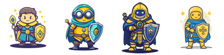 Four flat outline fantasy cleric avatars equipped with shields and talismans, dressed in hooded...
