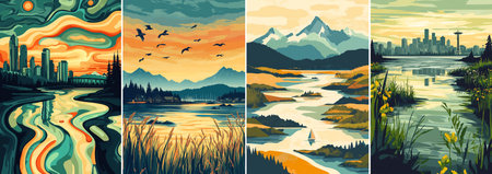 A four-panel vector series showing urban and natural waterways: a neon-green city skyline beneath...