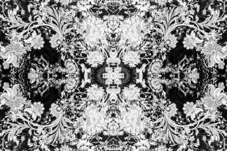 Seamless texture, cotton background, black and white colors. We present you this cotton brocade with a black and white floral pattern.の写真素材