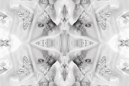 the black and white colors of the fabric are inlaid with flora and fauna.の写真素材