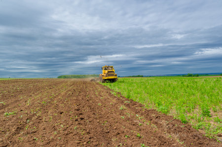 Spring photography, landscape with agricultural machinery, a tractor plows the land, plows a field, birds fly over arable landの写真素材