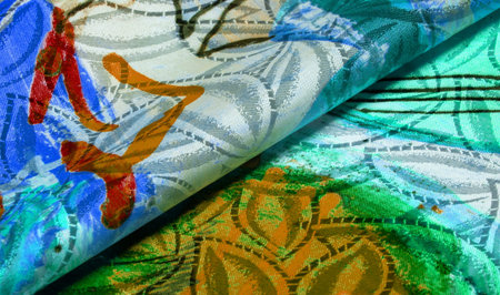 silk fabric in a palette drawn by the artist, bright colors, brown-yellow blue color, unbridled...