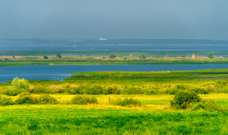 Summer landscape. River in the European part of the world. Sunny warm day. Green trees, grass. Blue sky with a small cloud cover.の写真素材
