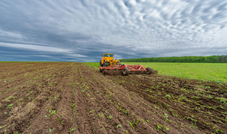 Spring photography, landscape with agricultural machinery, a tractor plows the land, plows a field,...