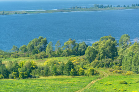 Summer landscape. River in the European part of the world. Sunny warm day. Green trees, grass. Blue sky with a small cloud cover.の写真素材