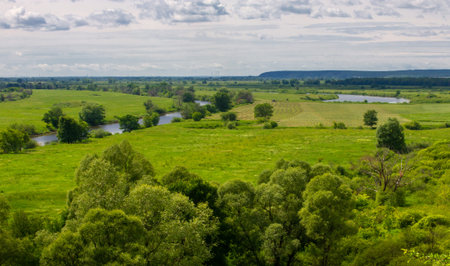 Summer photography, water meadows, river floodplain, photograph taken from the mountain. Lush green grass, pine, birch, hazel grow along the edge of the river. hot summer daysの写真素材