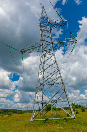 Silhouette of high voltage poles, power tower, electricity pylon, steel trellised tower, in the afternoon in the European part. Texture high voltage pillar, overhead power lineの写真素材