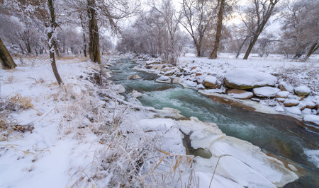 The river freezes in winter. A real winter fairy tale when this wonderful river freezes. Usually considered a beautiful natural heritage, turned into a fairy taleの写真素材