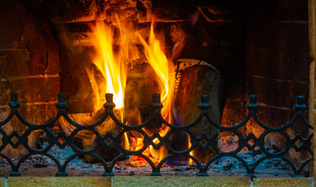 Fire in the fireplace. Our ancestors discovered that fire repelled saber-toothed tigers, and the area around them became a safe place. It has become a social spaceの写真素材