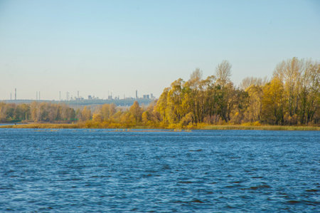 Autumn landscape banner, picture river with mountain. Tatarstan. Russia. The Kama River is the...