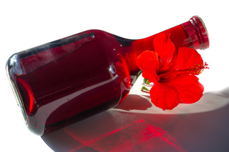 Bottle with red wine. Beer is made by people, wine is made by Godの写真素材