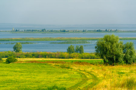 Summer landscape. River in the European part of the world. Sunny warm day. Green trees, grass. Blue sky with a small cloud cover.の写真素材