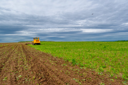 Spring photography, landscape with agricultural machinery, a tractor plows the land, plows a field, birds fly over arable landの写真素材