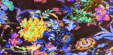 Seamless texture, bright large flowers, mostly encased in black outlines, dotted with black...