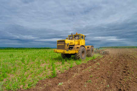 Spring photography, landscape with agricultural machinery, a tractor plows the land, plows a field, birds fly over arable landの写真素材