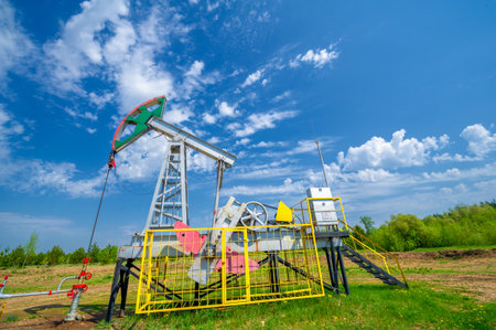 Pumping jacks are used in onshore oil wells with low productivity. They provide the mechanical power to operate the piston pump. Common in oil-rich regions around the worldの写真素材