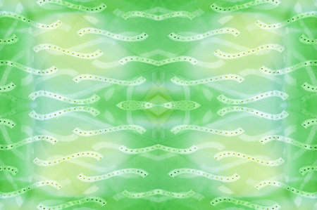 Seamless kaleidoscope. Fabric silk green-blue shades. Vibrant colors and scalloped shapes create a...