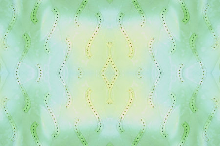 Seamless kaleidoscope. Fabric silk green-blue shades. Vibrant colors and scalloped shapes create a...