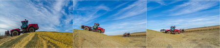 Beautiful autumn landscape photography with silos and tractors, Silos used for fermented feed in...
