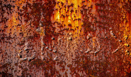 Rust on metal. Texture, background, pattern. When iron comes into contact with water and oxygen, it rusts. If salt is present, such as in seawater or salt spray, iron tends to rust more rapidly.の写真素材