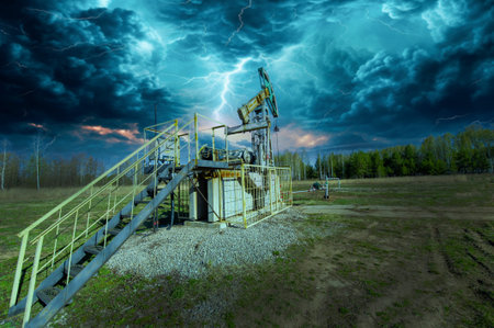 Pumpjack reflects power and energy. The pumping machine in thunderclouds represents the harmony...