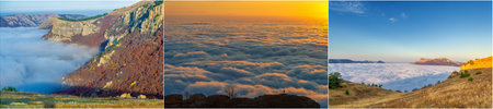 Breathtaking autumn views of the mountain ranges Majestic mist at dawn shrouds the foothills of the...