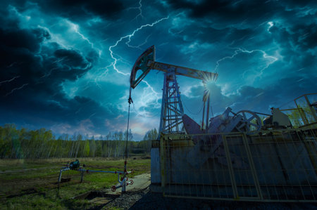 Pumpjack A vivid visual representation of a pumping machine in thunderclouds. Unique and attractive...